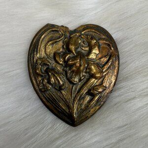 Vintage Art Nouveau Revival Flowers Brass Heart Shaped Brooch Pin 1970s